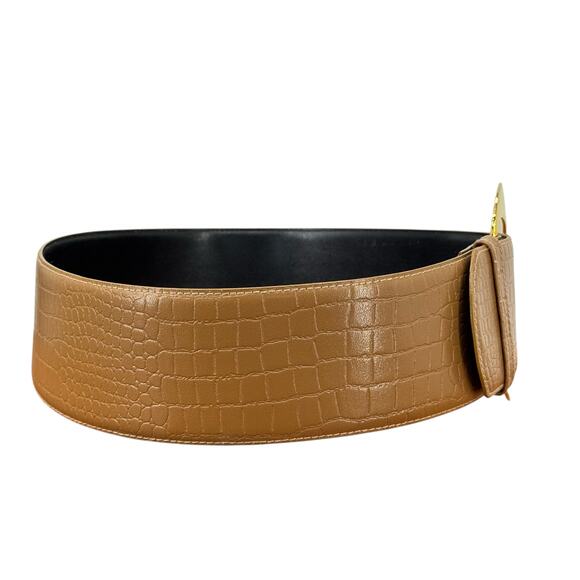 Magid Croco Embossed Wide Leather Belt Women's SZ M Brown Glam Retro Chic Party - Picture 5 of 10